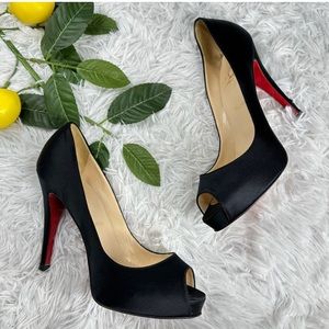 COPY - Christian Louboutin Very Prive Black Satin Peep Toe Pump Heels Size 39
